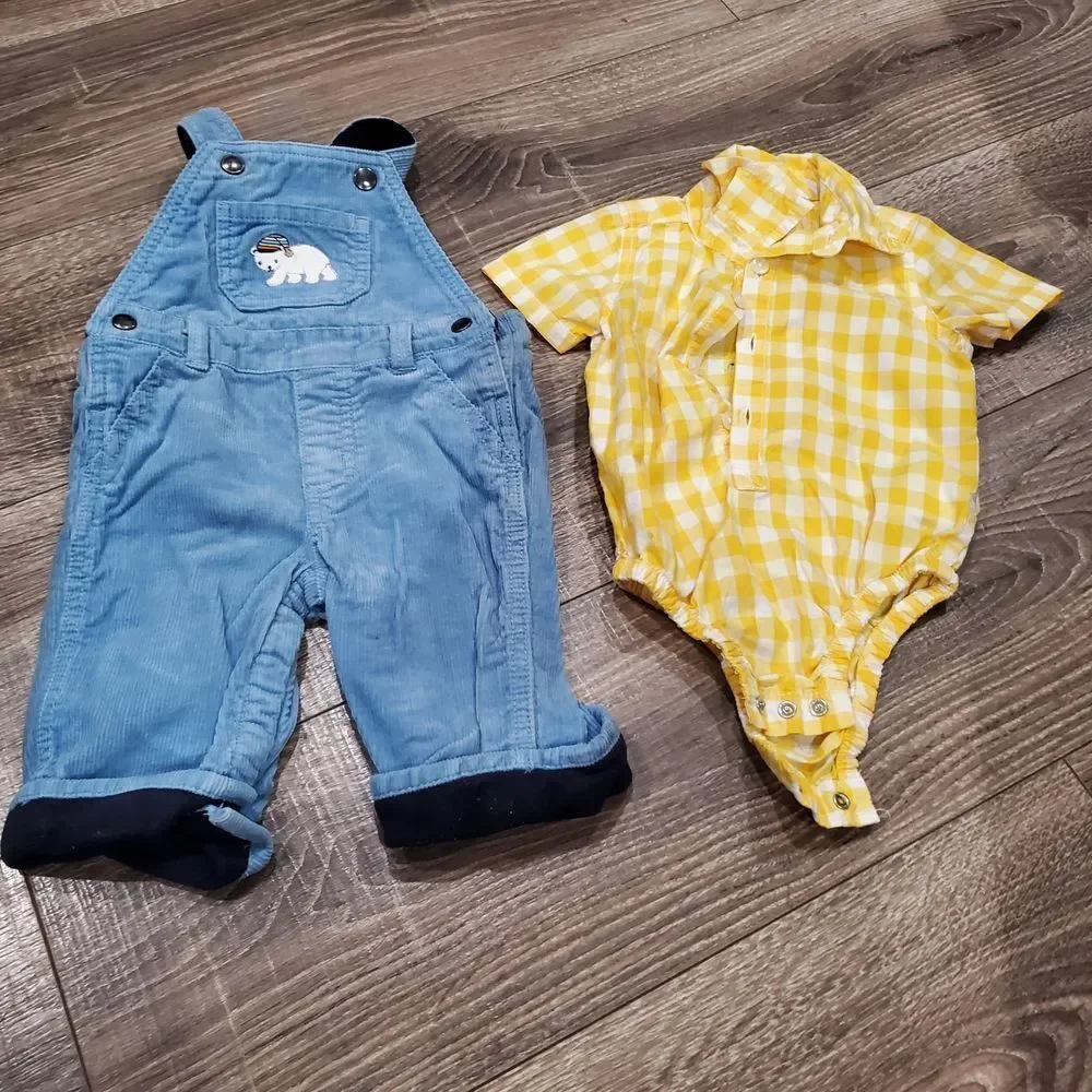Baby Outfit Size 3-6 months Blue Overalls with Yellow Checkered Shirt 2 Pieces